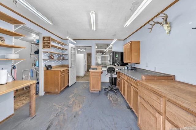 interior space with freestanding refrigerator