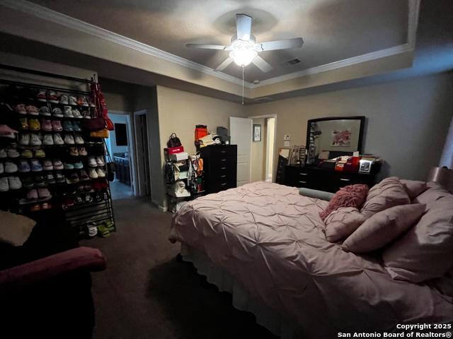 carpeted bedroom featuring ceiling fan, a tray ceiling, and crown molding