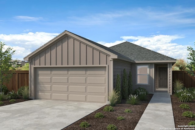 ranch-style house with a shingled roof, concrete driveway, an attached garage, board and batten siding, and fence