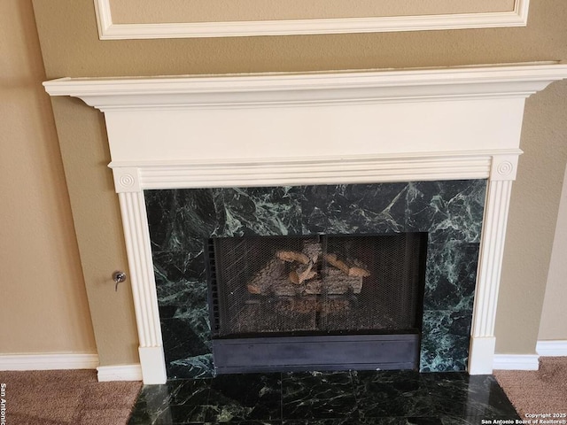 interior details with a premium fireplace and baseboards