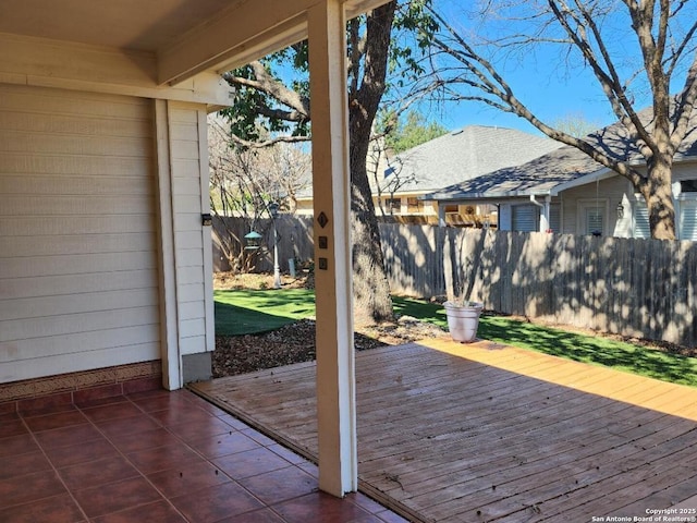 wooden deck with a fenced backyard