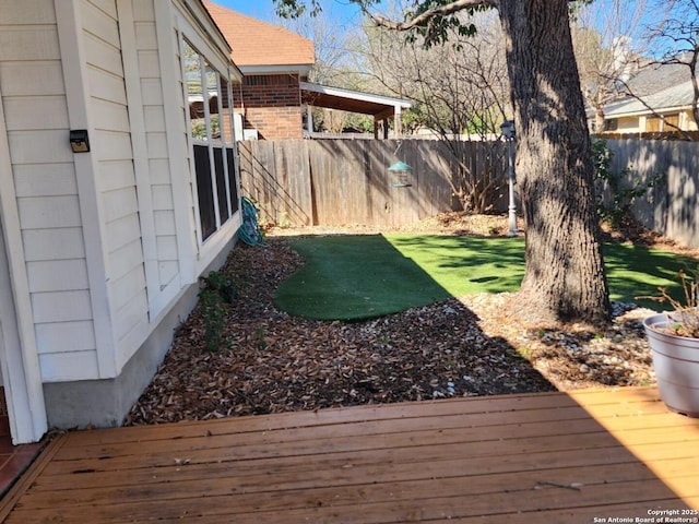 view of yard featuring a deck and a fenced backyard