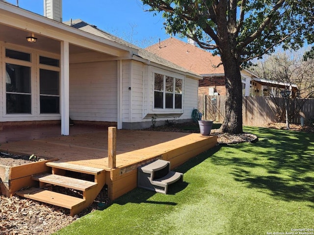 deck featuring fence and a lawn