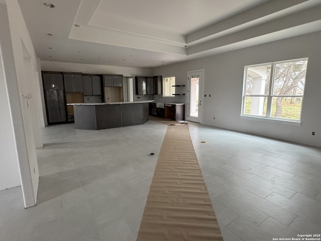 kitchen featuring open floor plan, light countertops, a tray ceiling, and a center island