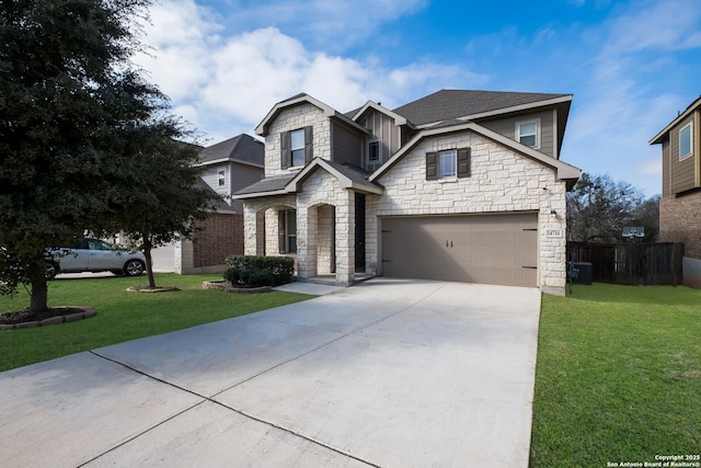 view of front facade featuring a garage, concrete driveway, stone siding, a front lawn, and board and batten siding