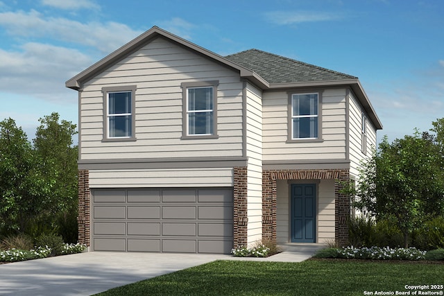 view of front of property with a garage, driveway, brick siding, and a shingled roof