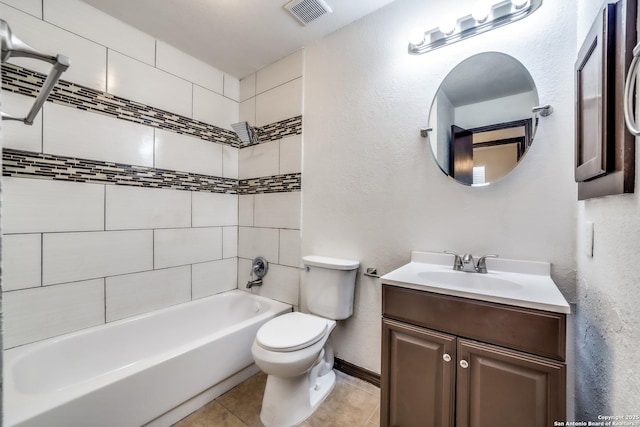 full bath featuring tile patterned flooring, toilet, vanity, visible vents, and shower / washtub combination