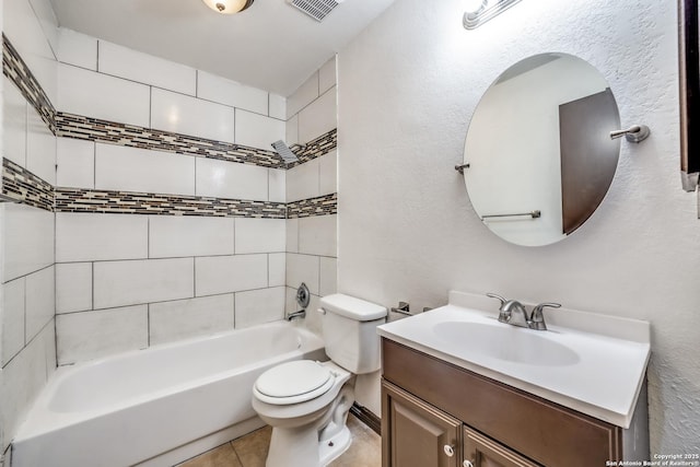 full bath featuring tile patterned flooring, toilet, shower / tub combination, visible vents, and vanity