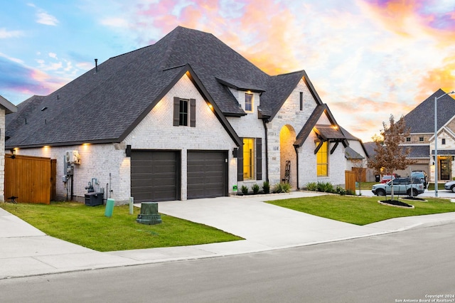 french country inspired facade with a yard, roof with shingles, fence, and driveway