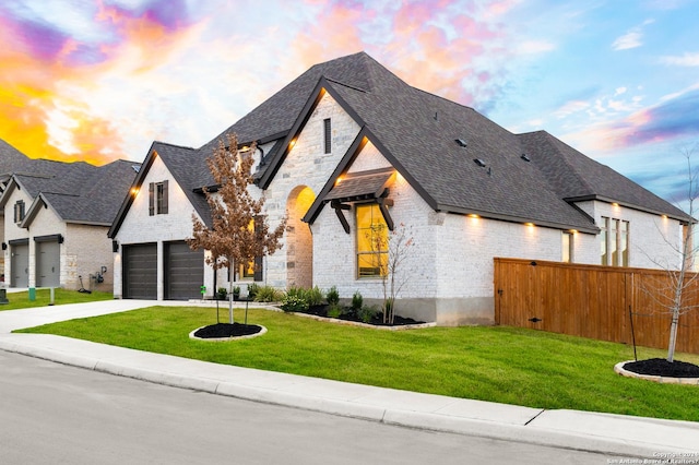 french country inspired facade featuring a yard, roof with shingles, fence, and driveway