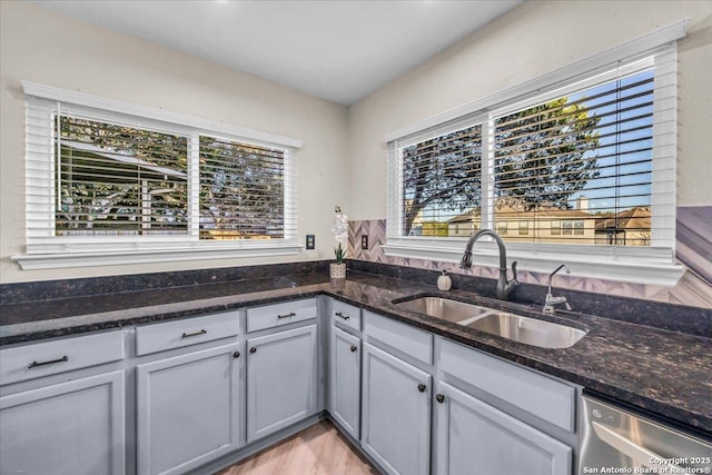 kitchen with dishwasher, dark stone countertops, gray cabinets, and a sink