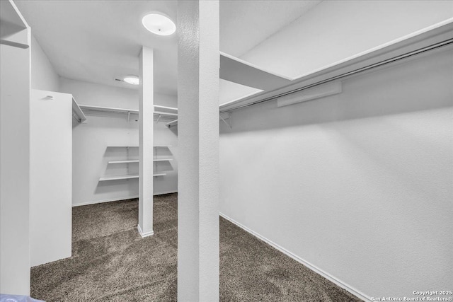 spacious closet featuring dark carpet