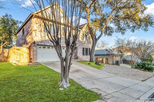 view of front facade with a garage, brick siding, fence, concrete driveway, and a front lawn