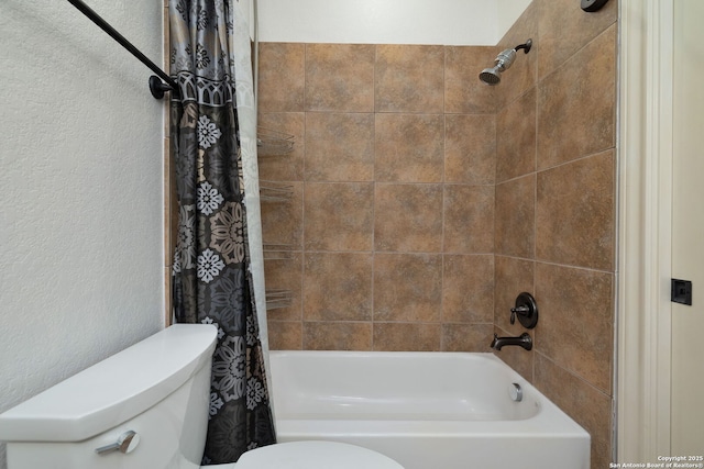 bathroom featuring toilet, shower / bath combination with curtain, and a textured wall