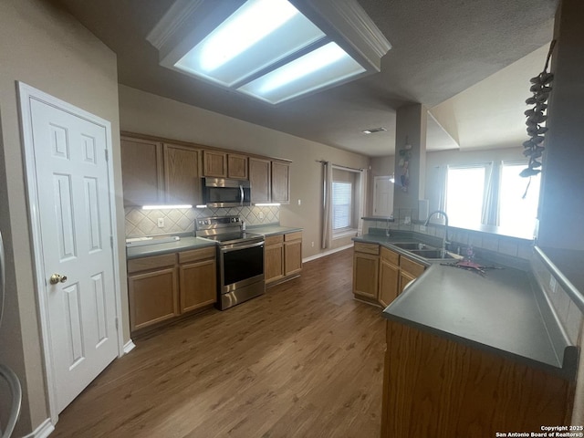 kitchen featuring tasteful backsplash, appliances with stainless steel finishes, a sink, wood finished floors, and a peninsula