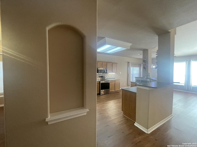 kitchen with tasteful backsplash, appliances with stainless steel finishes, light countertops, light brown cabinetry, and light wood-style floors