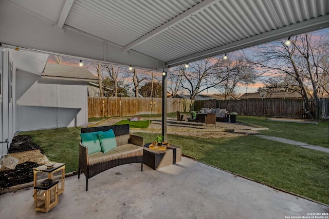 view of patio with a fenced backyard and an outdoor hangout area