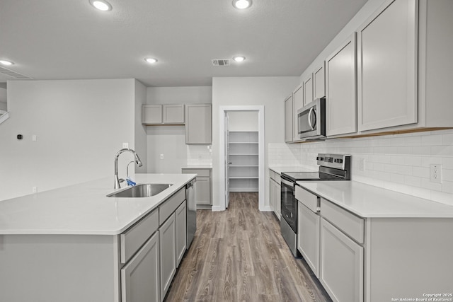 kitchen featuring appliances with stainless steel finishes, a sink, gray cabinets, light wood-style floors, and decorative backsplash