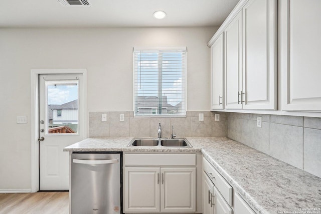 kitchen featuring light countertops, stainless steel dishwasher, and white cabinetry