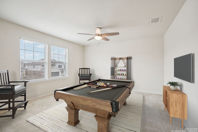 playroom featuring light colored carpet, visible vents, ceiling fan, billiards, and baseboards