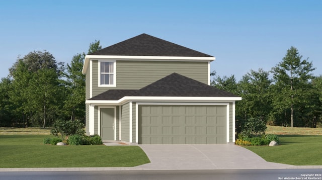 traditional home with driveway, a front lawn, and roof with shingles