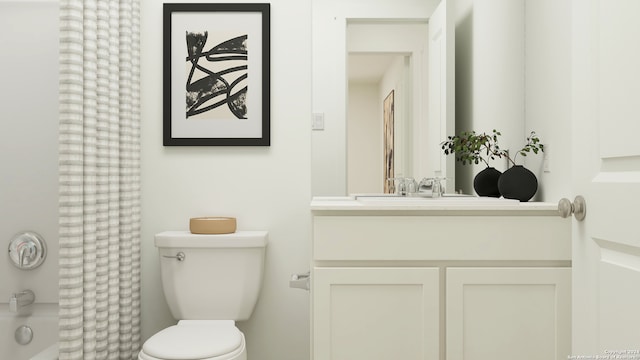 bathroom with vanity, shower / bath combo with shower curtain, and toilet