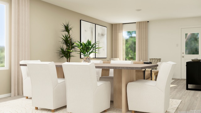 dining room featuring light wood finished floors and baseboards