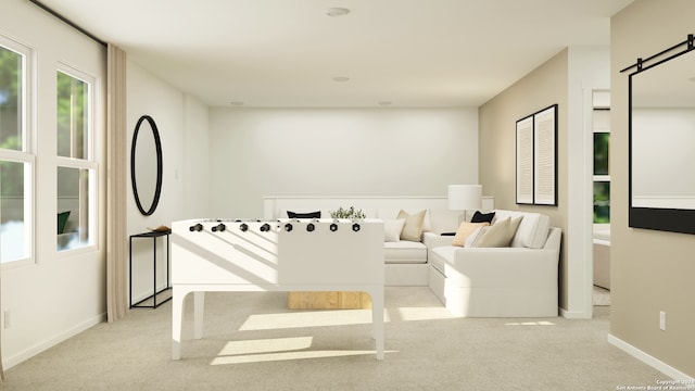 interior space with light colored carpet, baseboards, and a barn door