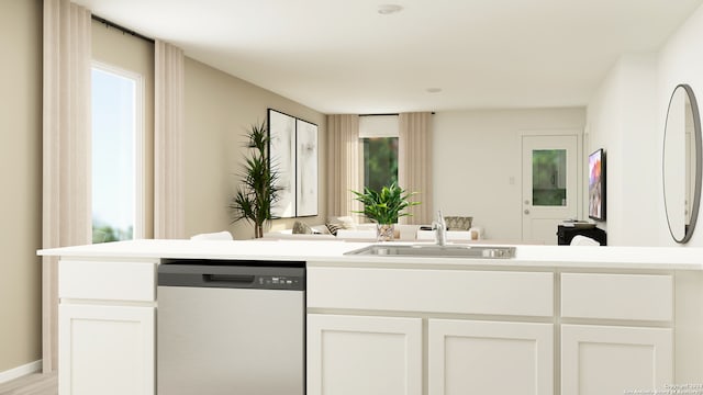 interior space featuring a sink, white cabinetry, a healthy amount of sunlight, light countertops, and stainless steel dishwasher