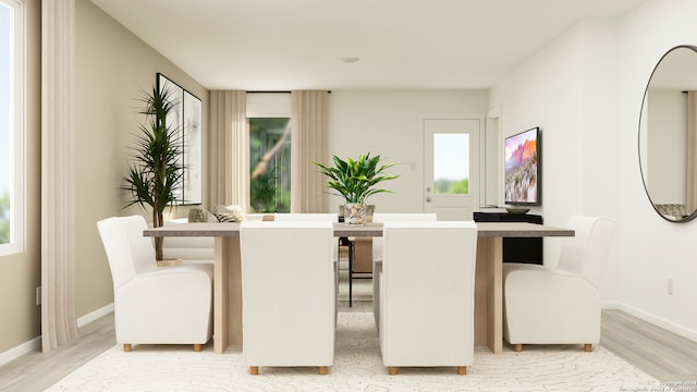 dining room with light wood finished floors and baseboards