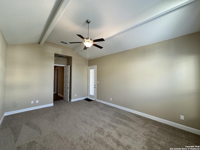 unfurnished room featuring carpet floors, vaulted ceiling with beams, visible vents, a ceiling fan, and baseboards