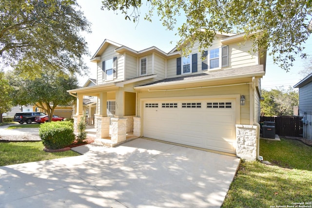 view of front of house featuring an attached garage, central AC unit, a porch, and concrete driveway