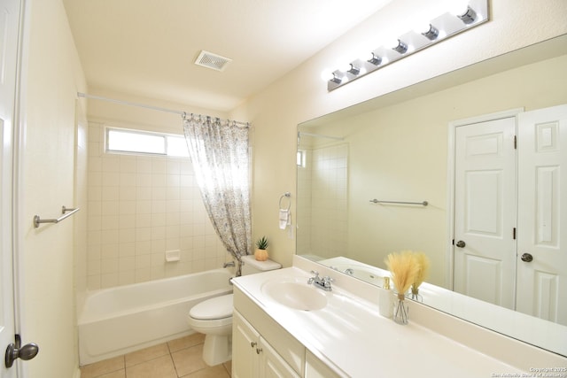 full bath featuring visible vents, toilet, tile patterned floors, shower / bath combination with curtain, and vanity