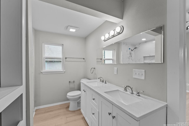 bathroom featuring double vanity, wood finished floors, a sink, and toilet