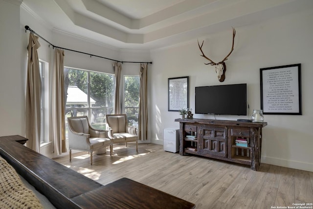 living area featuring crown molding, a tray ceiling, wood finished floors, and baseboards