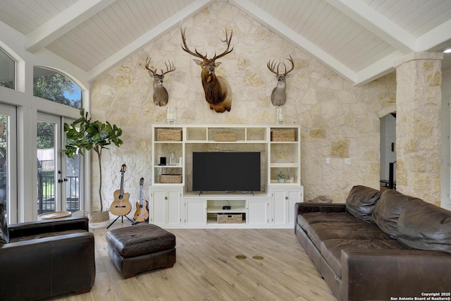 living room featuring wooden ceiling, wood finished floors, ornate columns, high vaulted ceiling, and beam ceiling