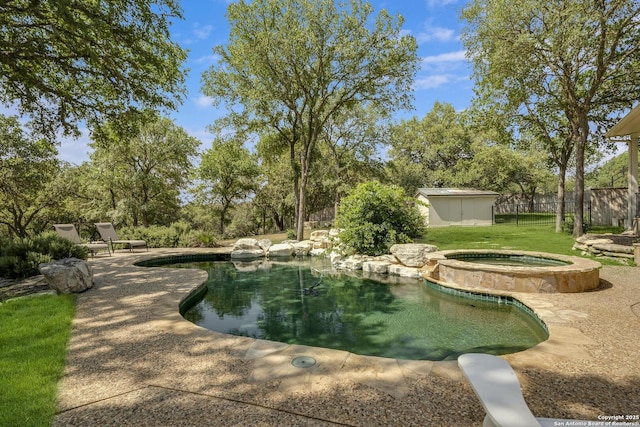 surrounding community featuring a jacuzzi, a storage shed, an outdoor structure, fence, and a swimming pool