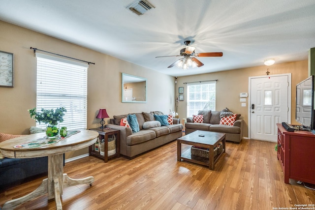 living area with light wood finished floors, ceiling fan, visible vents, and baseboards