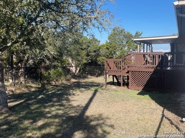 view of yard featuring a fenced backyard and a wooden deck