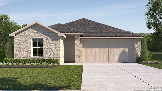 view of front of home with stone siding, roof with shingles, an attached garage, and a front lawn