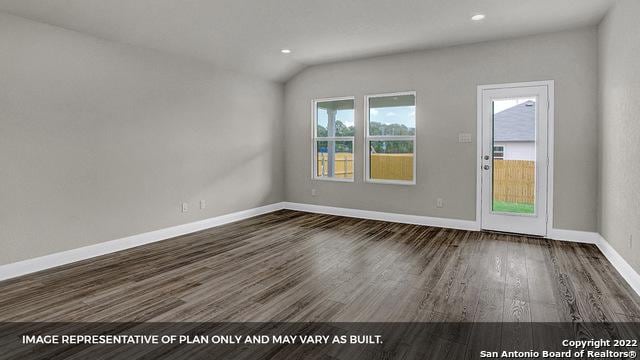 unfurnished room with recessed lighting, vaulted ceiling, dark wood finished floors, and baseboards