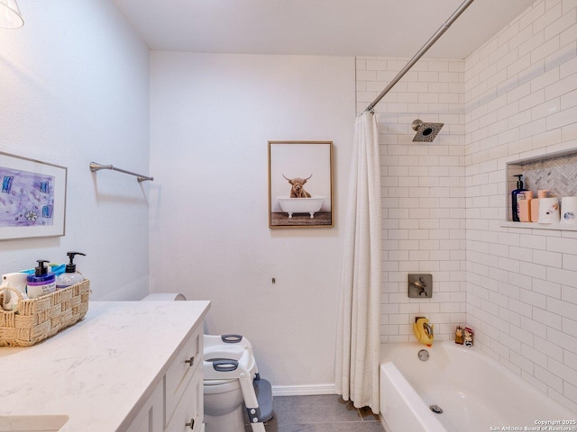 full bathroom with toilet, shower / tub combo, vanity, tile patterned flooring, and baseboards