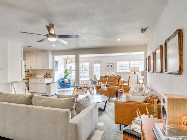 living area with a textured ceiling, a wealth of natural light, visible vents, and light colored carpet