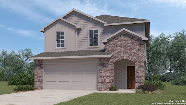 view of front facade with brick siding, board and batten siding, an attached garage, and a shingled roof