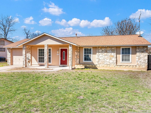 ranch-style home with a garage, concrete driveway, stone siding, central air condition unit, and a front yard