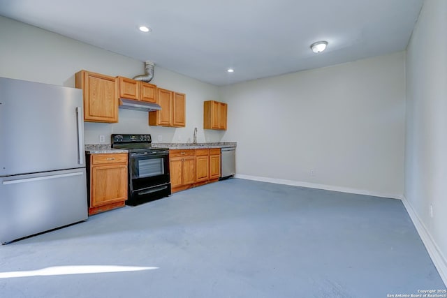 kitchen featuring under cabinet range hood, a sink, finished concrete flooring, light countertops, and appliances with stainless steel finishes