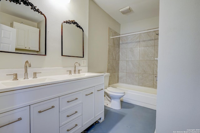 full bathroom with tub / shower combination, a sink, toilet, and double vanity