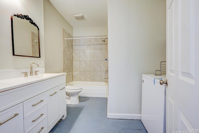 full bathroom featuring shower / bath combination, baseboards, toilet, concrete flooring, and vanity