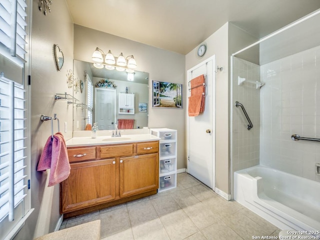 full bathroom featuring shower / bathtub combination, baseboards, vanity, and tile patterned floors