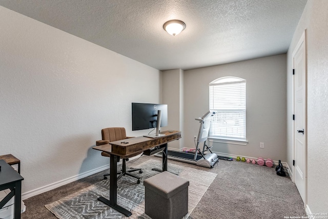 office space featuring baseboards, dark carpet, a textured ceiling, and a textured wall